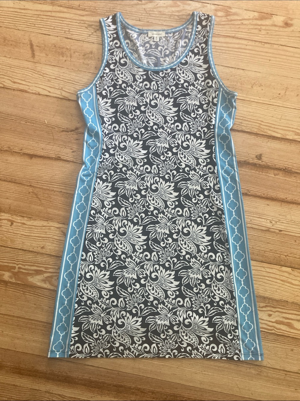 Max Studio White Floral Print Dress with Light Blue Trim
